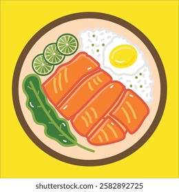 A portion of healthy food, salmon, rice, egg, and vegetable for design element