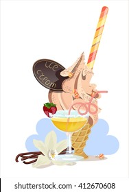 Portion of ice cream with vanilla cocktail and a flower of vanilla.