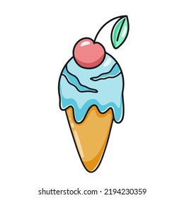 Portion of ice cream in waffle cup with cherries, cartoon. Cold summer milk dessert vector isolated illustration. Melting blue ice cream hand drawn sweetness