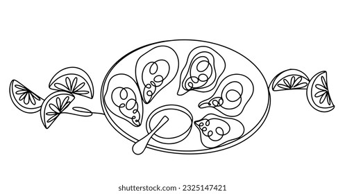 Portion of oysters with sauce and lemon wedges. National Oyster Day. One line drawing for different uses. Vector illustration.