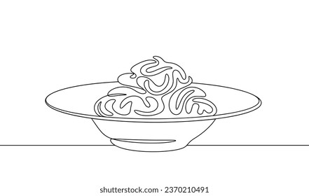 Eine Portion Nudeln in einem Teller. Welttag der Pasta. Eine Zeilenzeichnung für verschiedene Verwendungszwecke. Vektorgrafik.
