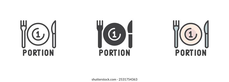 Portion plate with fork and knife different style icon set. Line, glyph and filled outline colorful version, outline and filled vector sign. Symbol, logo illustration. Vector graphics