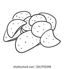 Portion of potato chips with salt. monochrome, outline, isolated.