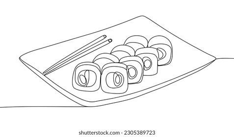 Portion of rolls on a plate. Set of rolls with chopsticks for sushi. International Sushi Day. One line drawing for different uses. Vector illustration.