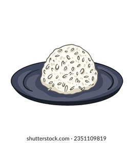 A portion of round white rice on top of dark gray round plate vector illustration outlined isolated on square white template. Simple flat outlined cartoon art styled food drawing.