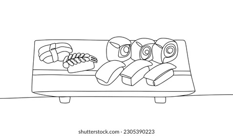 Portion of sushi on a wooden table for serving rolls and sushi. One line drawing for different uses. Vector illustration.