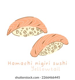 Portioned hamachi nigiri sushi with yellowtail on rice side view and three quarter view