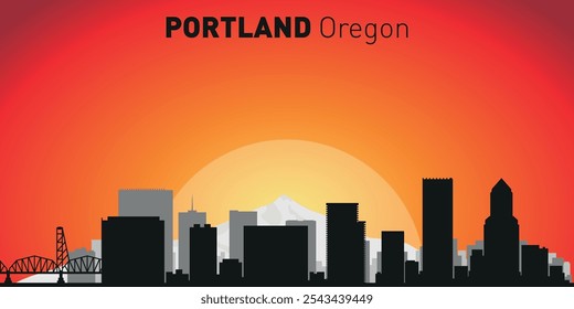 Horizonte de la ciudad de Portland con siluetas de edificios con el telón de fondo de un Grande sol amarillo y cielo naranja. Vector en el fondo de la puesta del sol