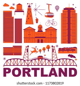 Viaje cultural de Portland, arquitecturas famosas y especialidades de diseño plano. Concepto de viajes de negocios y turismo. Imagen para presentación, banner, sitio web, anuncio, volante, mapa de ruta, iconos
