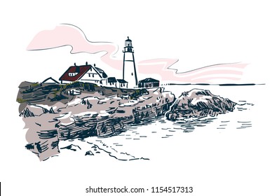 Portland lighthouse vector sketch landscape line illustration skyline