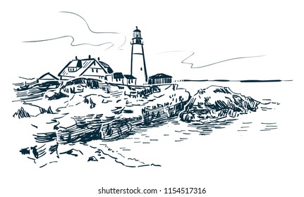 Portland lighthouse  vector sketch landscape line illustration skyline