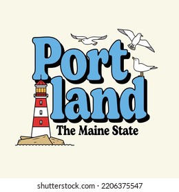 Texto de ilustración del vector retro de Portland Maine con iconos