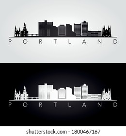 Portland, Maine skyline and landmarks silhouette, black and white design, vector illustration.  