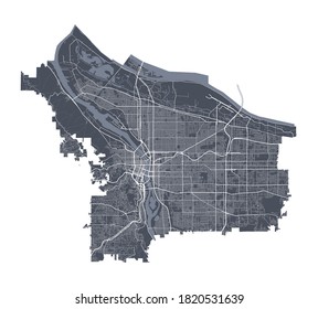 Portland map. Detailed vector map of Portland city administrative area. Cityscape poster metropolitan aria view. Dark land with white streets, roads and avenues. White background.