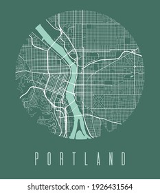 Portland map poster. Decorative design street map of Portland city. Cityscape aria panorama silhouette aerial view, typography style. Land, river, highways, avenue. Round circular vector illustration.