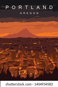 Portland modern vector poster. Portland, Oregon landscape illustration. Top 30 most populated cities of the USA.