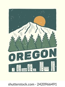 Portland and Mt Hood in Oregon vintage hand drawing vector illustration