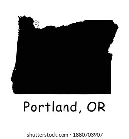 Portland on Oregon State Map. Detailed OR State Map with Location Pin on Portland City. Black silhouette vector map isolated on white background.