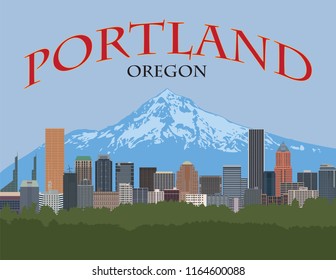 Portland Oregon City Downtown Skyline With Mount Hood Color Poster Vector Illustration