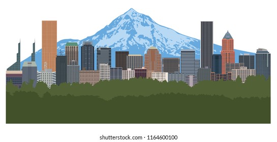 Portland Oregon City Downtown Skyline With Mount Hood Color Vector Illustration