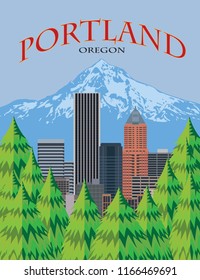 Portland Oregon city downtown skyline with Mount Hood from scenic viewpoint color poster vector illustration