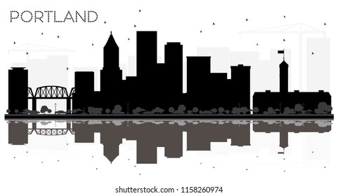 Portland Oregon City skyline black and white silhouette with Reflections. Vector illustration. Simple flat concept for tourism presentation, banner, placard or web. Portland Cityscape with landmarks.