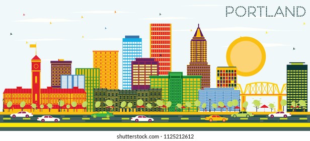 Portland Oregon City Skyline with Color Buildings and Blue Sky. Vector Illustration. Business Travel and Tourism Concept with Modern Architecture. Portland Cityscape with Landmarks.