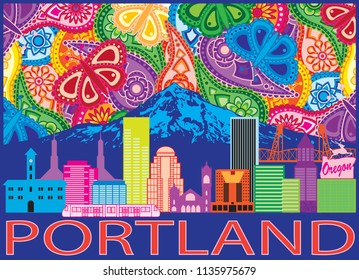 Portland Oregon Outline Silhouette with City Skyline with Mount Hood Colorful Paisley Pattern Background vector Illustration