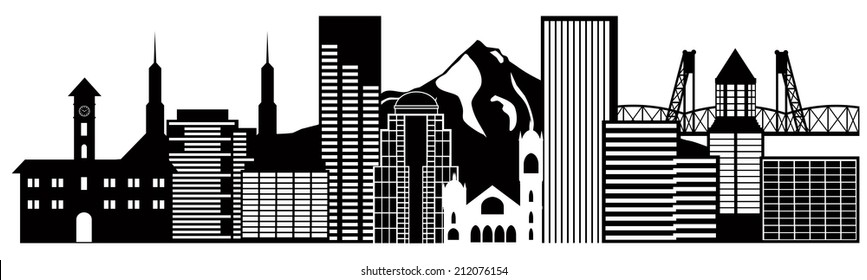 Portland Oregon Outline Silhouette with City Skyline Downtown Panorama Black Isolated on White Background Vector Illustration