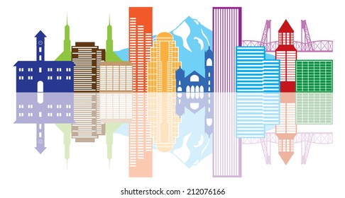 Portland Oregon Outline Silhouette with City Skyline Downtown Panorama Color Reflection Isolated on White Background Vector Illustration