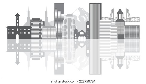 Portland Oregon Outline Silhouette with City Skyline Downtown Panorama Grayscale Reflection Isolated on White Background Vector Illustration