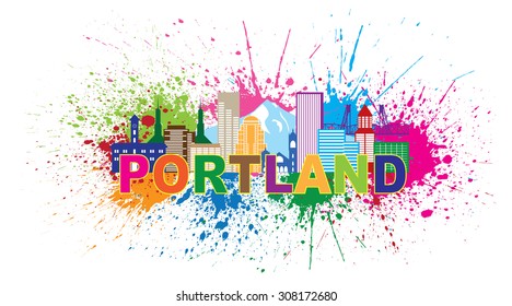 Portland Oregon Outline Silhouette with City Skyline Downtown Panorama Color Text Paint Splatter Isolated on White Background Vector Illustration