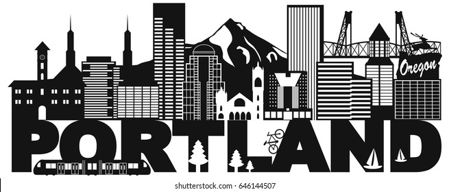 Portland Oregon Outline Silhouette with City Skyline Downtown Panorama and Text Black Isolated on White Background vector Illustration