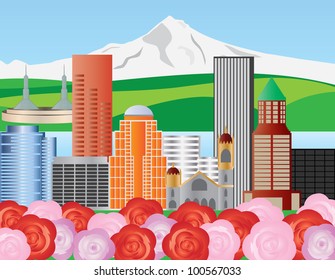 Portland Oregon Skyline with Mount Hood and Roses Illustration