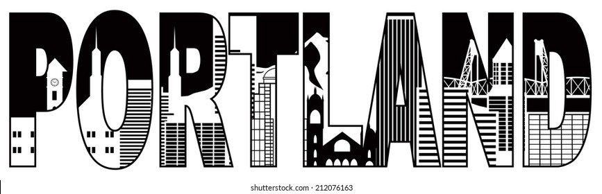 Portland Oregon Text Outline Silhouette with City Skyline Downtown Panorama Black Isolated on White Background Vector Illustration