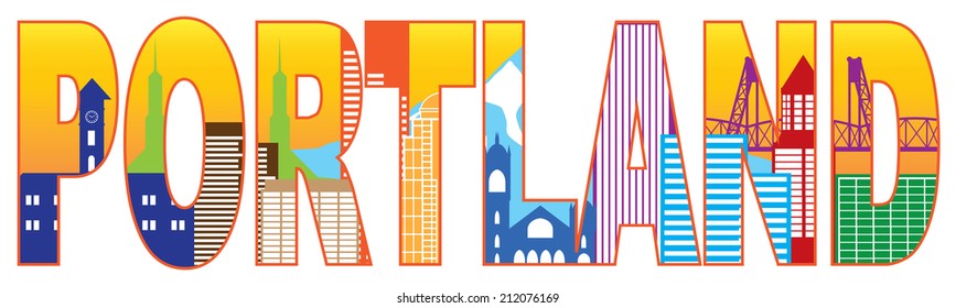 Portland Oregon Text Outline Silhouette with City Skyline Downtown Panorama Color Isolated on White Background Vector Illustration