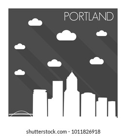 Portland Oregon USA Flat Icon Skyline Silhouette Design City Vector Art Famous Buildings Monochrome Background Clouds Sky