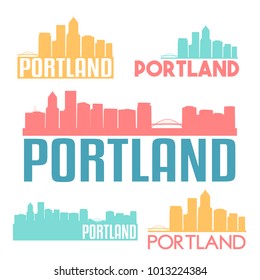 Portland Oregon USA Flat Icon Skyline Silhouette Design City Vector Art Famous Buildings Color Set