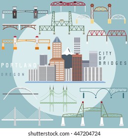 Portland ,Oregon,USA Flat Design Illustration Of Business Center And Set Of Bridges