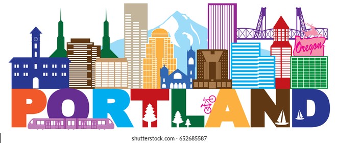 Portland Outline Silhouette with City Skyline and Text Isolated on White Background vector Illustration