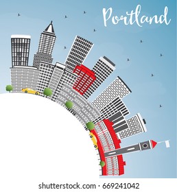 Portland Skyline with Gray Buildings, Blue Sky and Copy Space. Vector Illustration. Business Travel and Tourism Concept with Modern Architecture. Image for Presentation Banner Placard and Web Site.