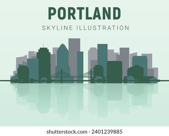 Portland skyline. Portland skyline and landmarks silhouette, light green tone gradient design. Portland skyline horizontal banner. skyline in flat style. Vector template for your design. EPS