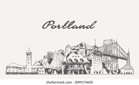 Skyline Portland, Oregon, EE.UU., ilustración de vector dibujada a mano, boceto