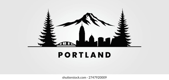 Portland skyline vector featuring the Fremont Bridge arch and Mount Hood.