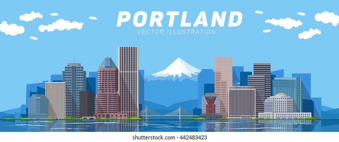 Portland skyline vector illustration. Travel and tourism background. Vector blue and mountain background. Line and flat illustration.