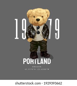 Portland slogan with bear doll in leather jacket illustration