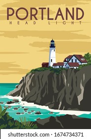 Fondo de la ilustración del vector Portland. Viaje a Portland Maine Estados Unidos de América. Ilustración de vectores planos de dibujos animados en estilo coloreado.