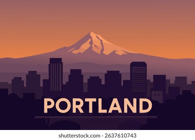 Portland's City Skyline with Mountain Views at Sunset	