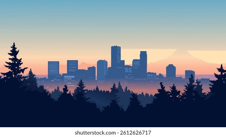 Portland's skyline at dusk, with the city lights glowing against the darkening sky. 