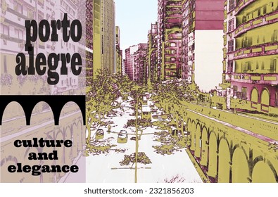 Porto Alegre city image with iconic arches in retro style for home decor, t-shirts, posters, travel brochures and prints 